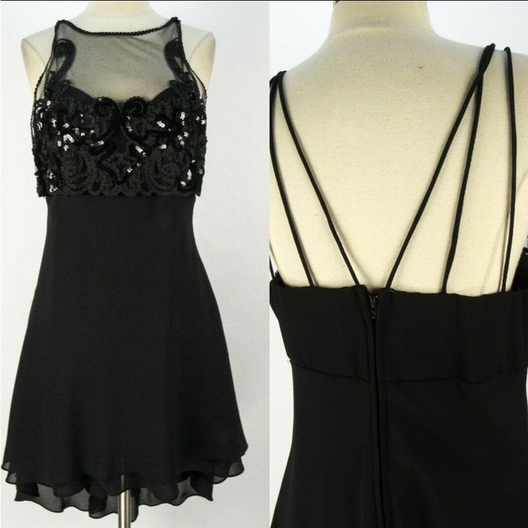 Vintage 90s Betsy & Adam Black Mini Party Dress S Lace Illusion Strappy Ruffle - Picture 1 of 7